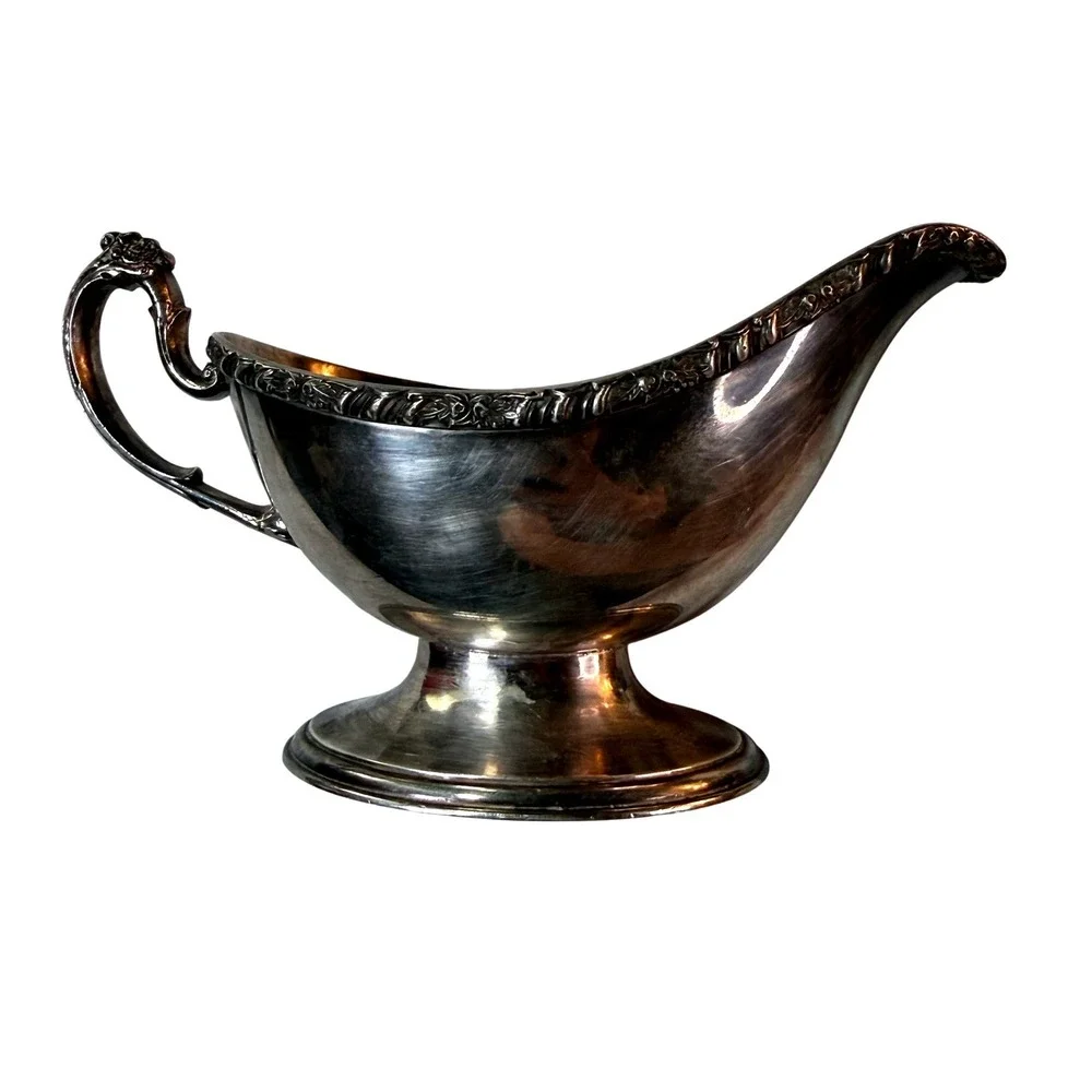 Vintage Oneida Tudor Plate Henley Silverplate‎ Gravy Boat & Melon Creamer Set